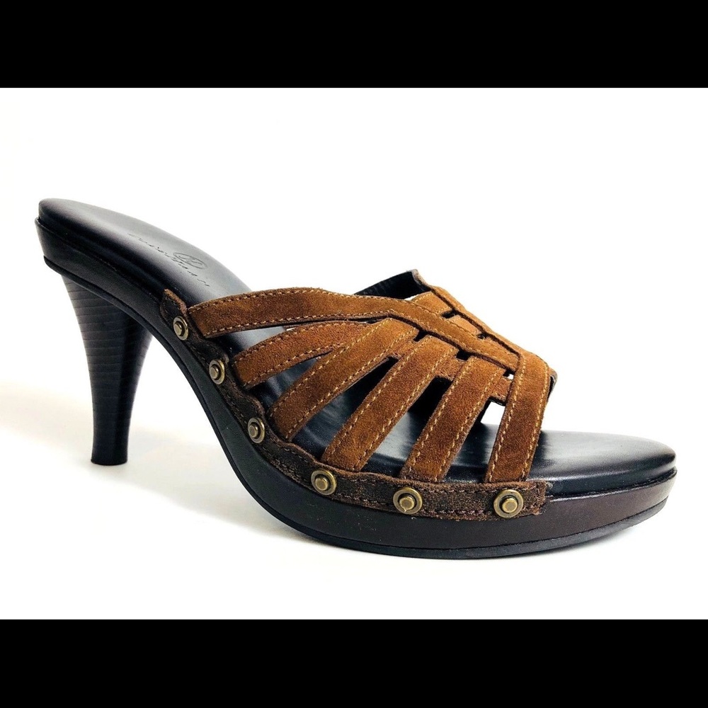 COLE HAAN BROWN LEATHER WEDGE STRAP HEELS